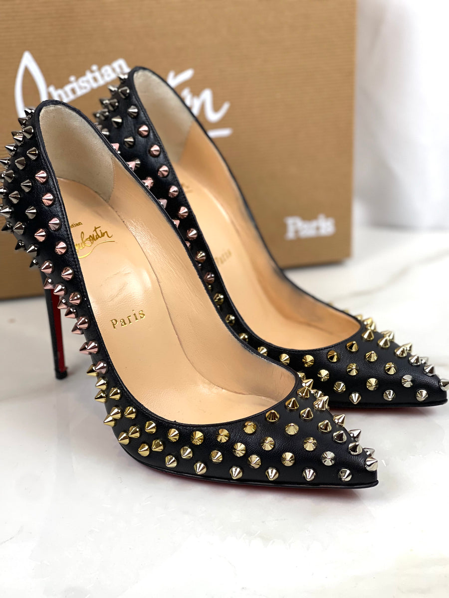 CHRISTIAN LOUBOUTIN Follies Spikes 100 Kid Patent Black 36.5 Certified Consignment