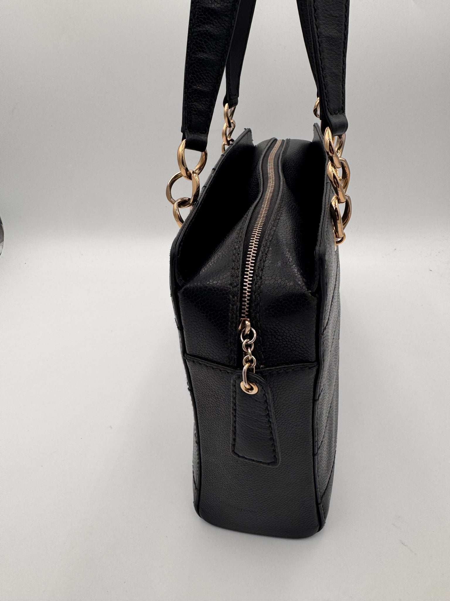 CHANEL Caviar Chocolate Bar Quilted Shoulder Bag Black