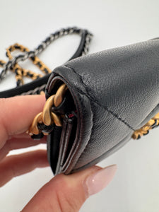 CHANEL Shiny Goatskin Quilted 19 Flap Wallet with Chain Black