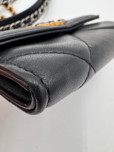 CHANEL Shiny Goatskin Quilted 19 Flap Wallet with Chain Black