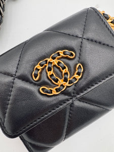 CHANEL Shiny Goatskin Quilted 19 Flap Wallet with Chain Black