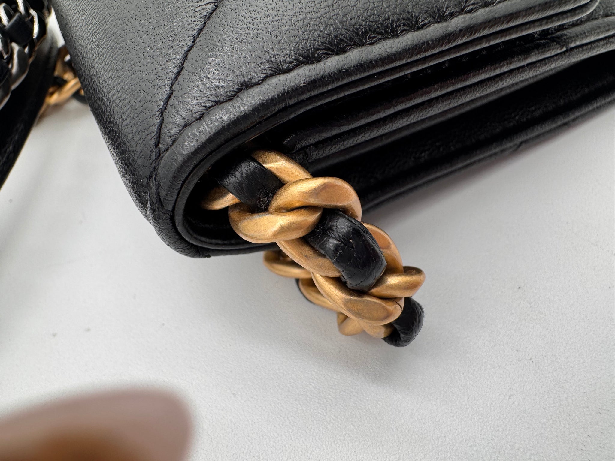 CHANEL Shiny Goatskin Quilted 19 Flap Wallet with Chain Black