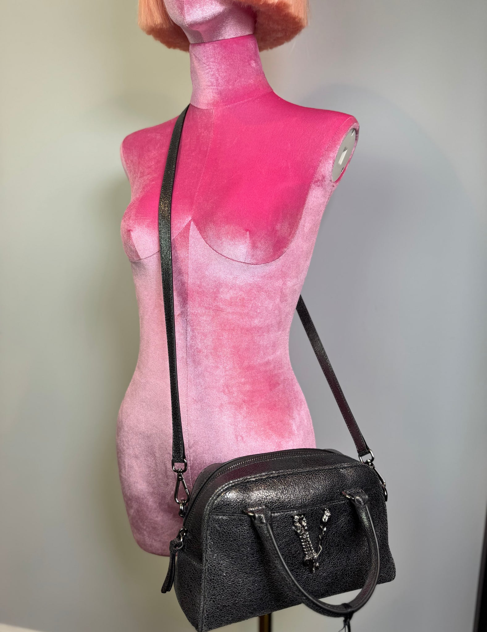 VERSACE Metallic Calfskin Virtus Small Bowling Bag Grey