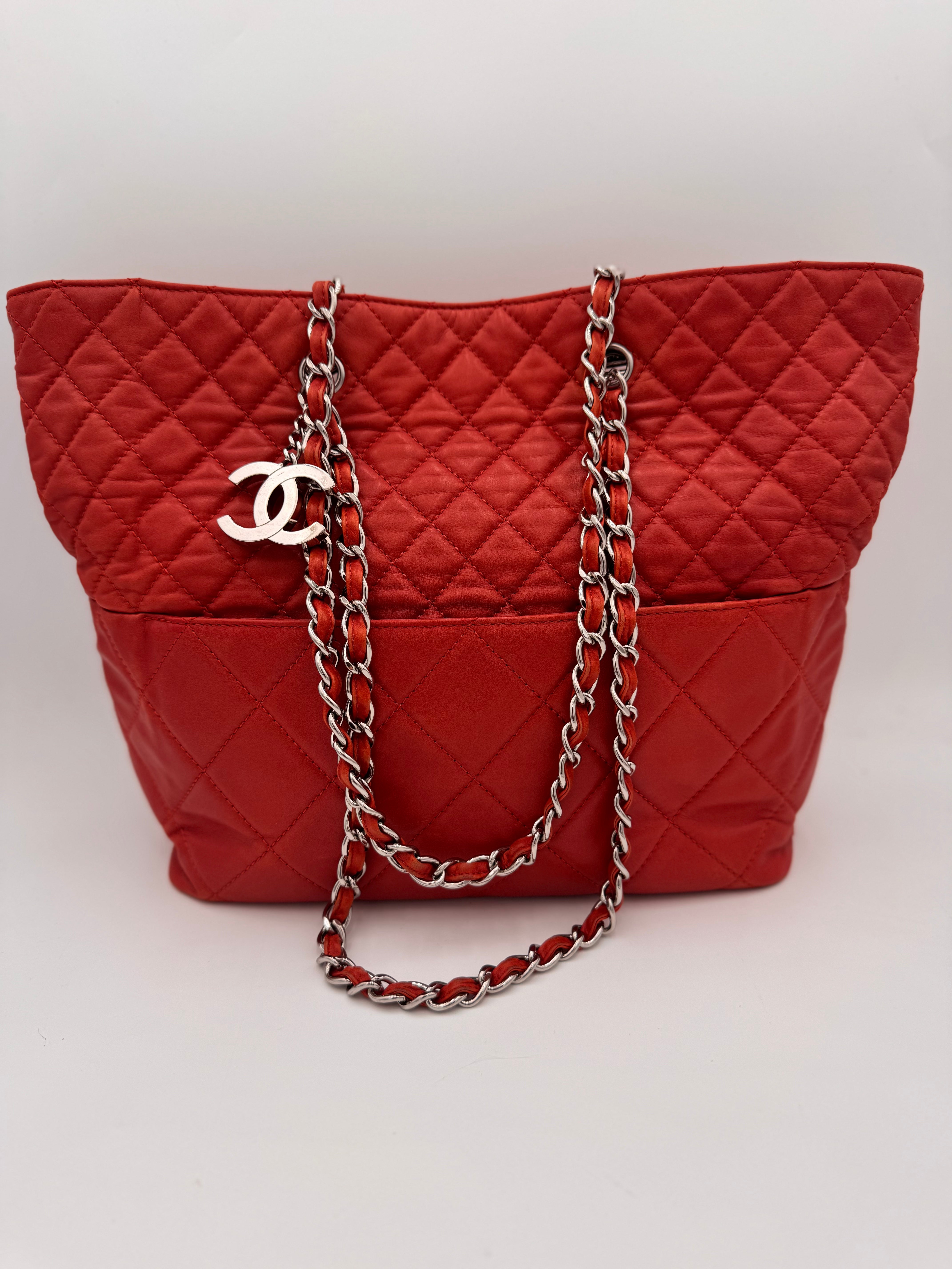 CHANEL Quilted Large In The Business Tote Red