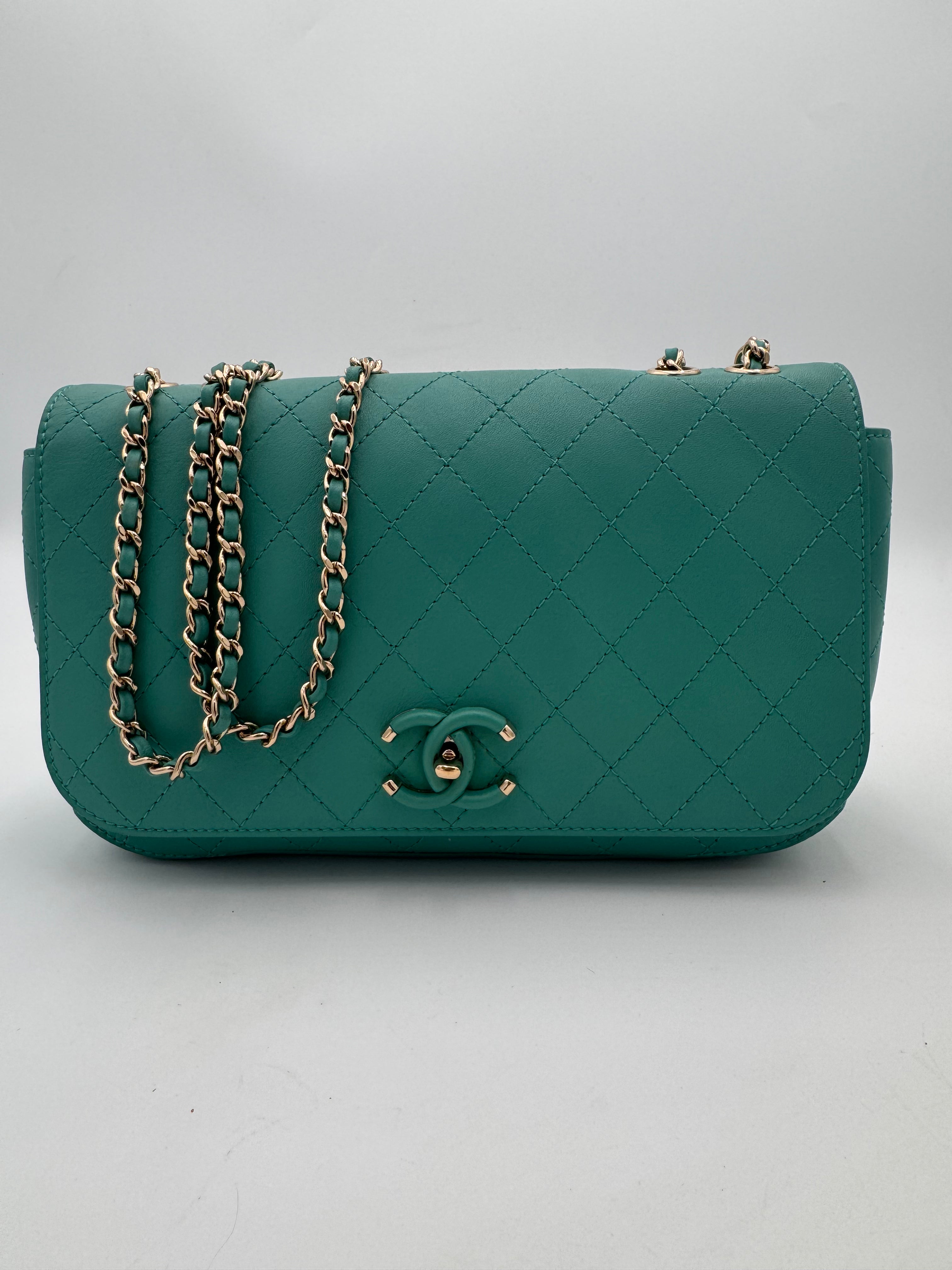 CHANEL Medium Green Calfskin Stitched Covered CC Flap Bag