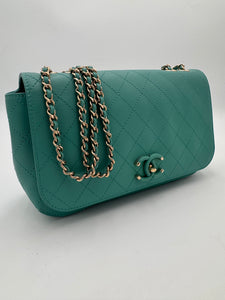 CHANEL Medium Green Calfskin Stitched Covered CC Flap Bag