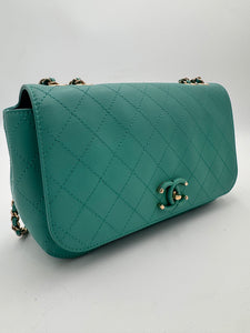 CHANEL Medium Green Calfskin Stitched Covered CC Flap Bag
