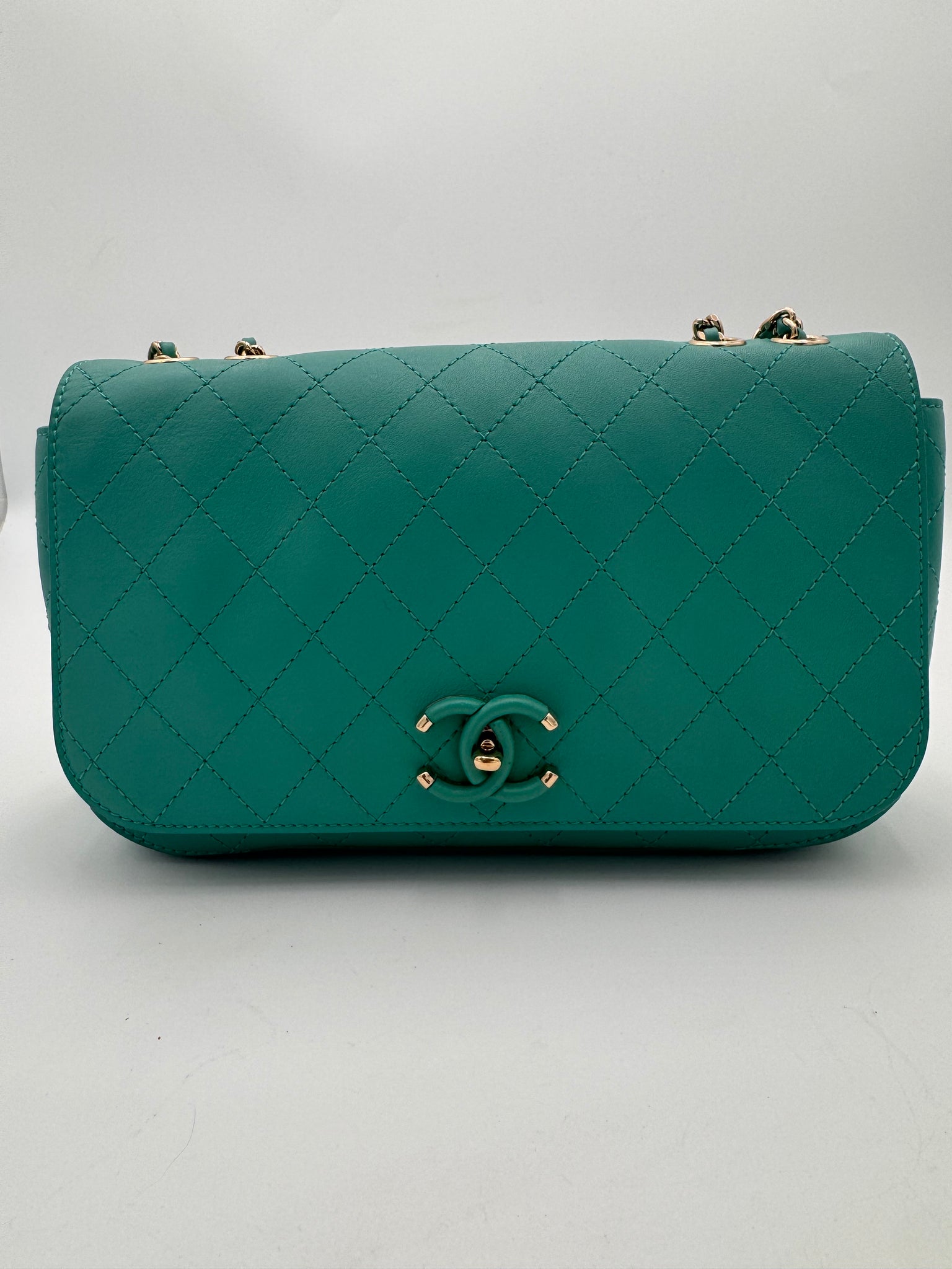 CHANEL Medium Green Calfskin Stitched Covered CC Flap Bag