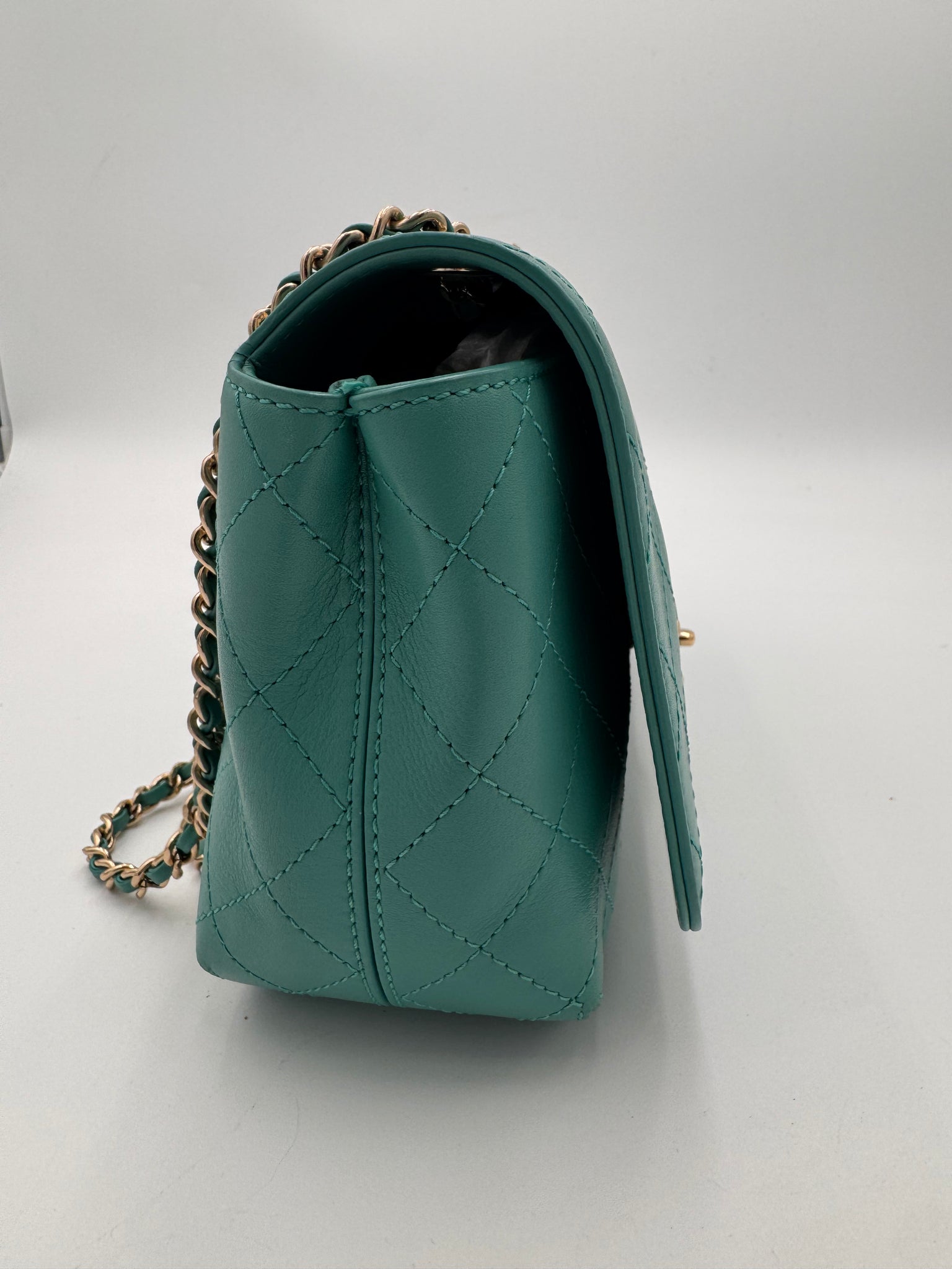 CHANEL Medium Green Calfskin Stitched Covered CC Flap Bag