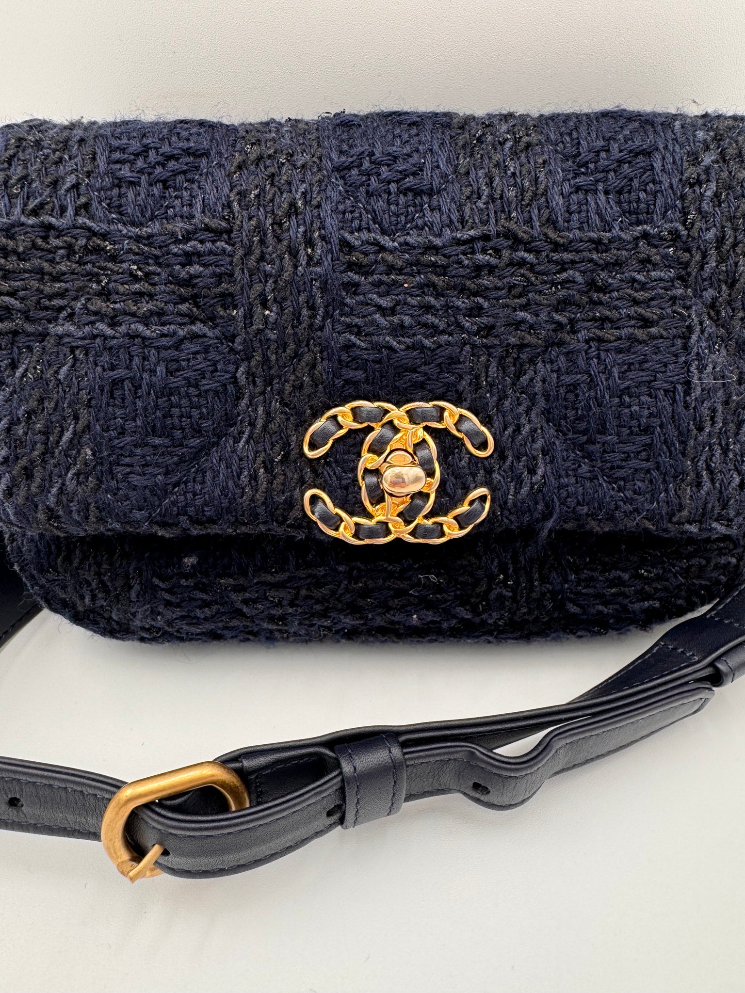 CHANEL 19 Tweed Belt Bag Dark Blue