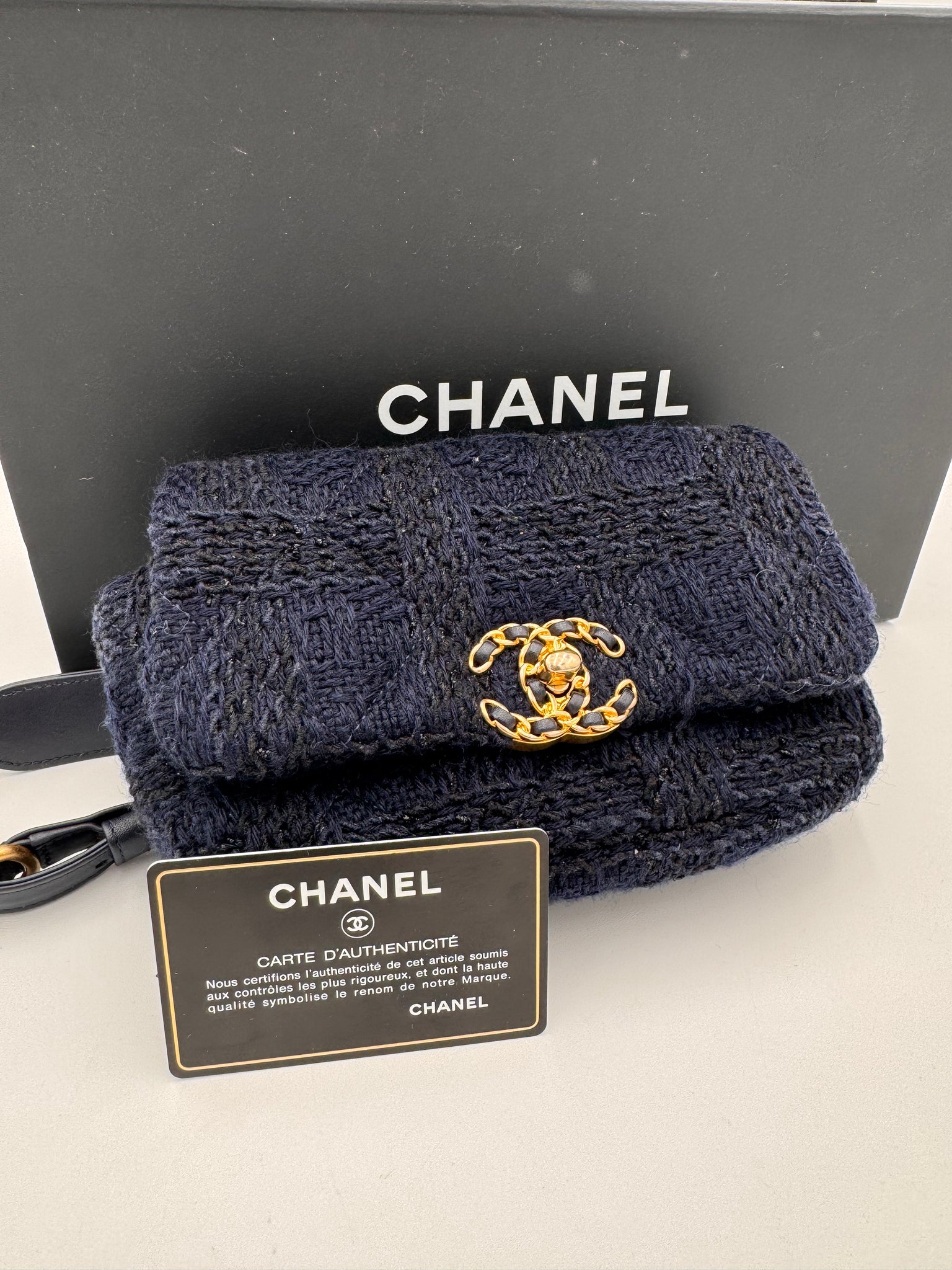 CHANEL 19 Tweed Belt Bag Dark Blue
