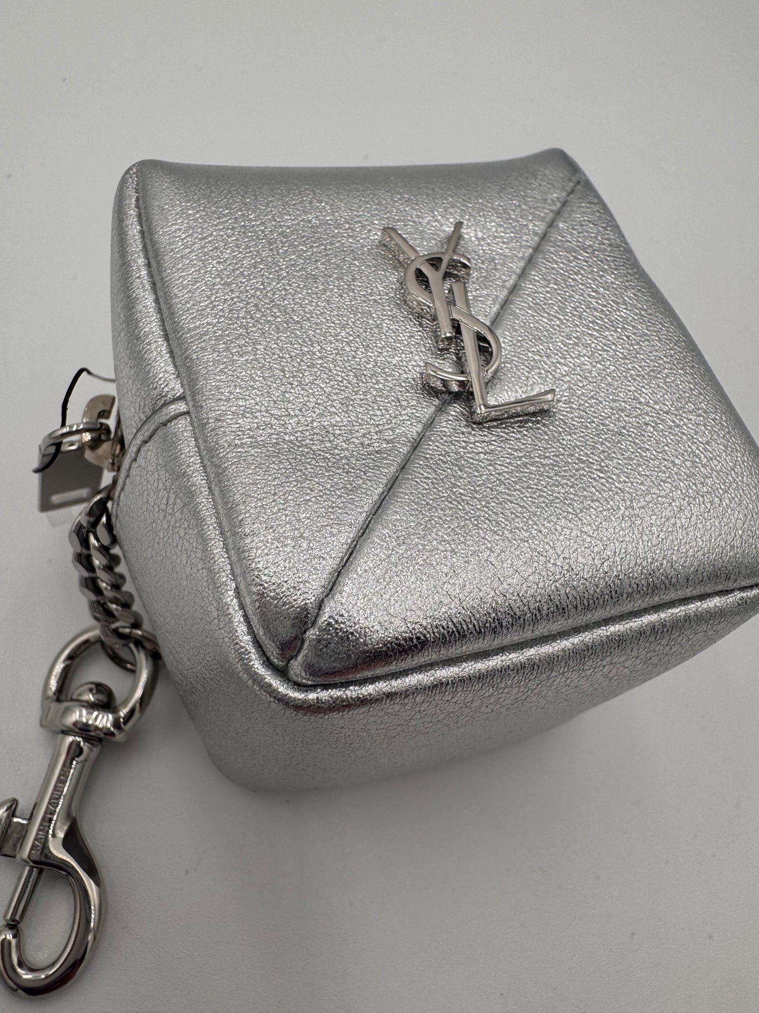 SAINT LAURENT Crinkled Lame Calfksin Jamie Cube Charm Keychain Silver