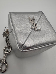 SAINT LAURENT Crinkled Lame Calfksin Jamie Cube Charm Keychain Silver