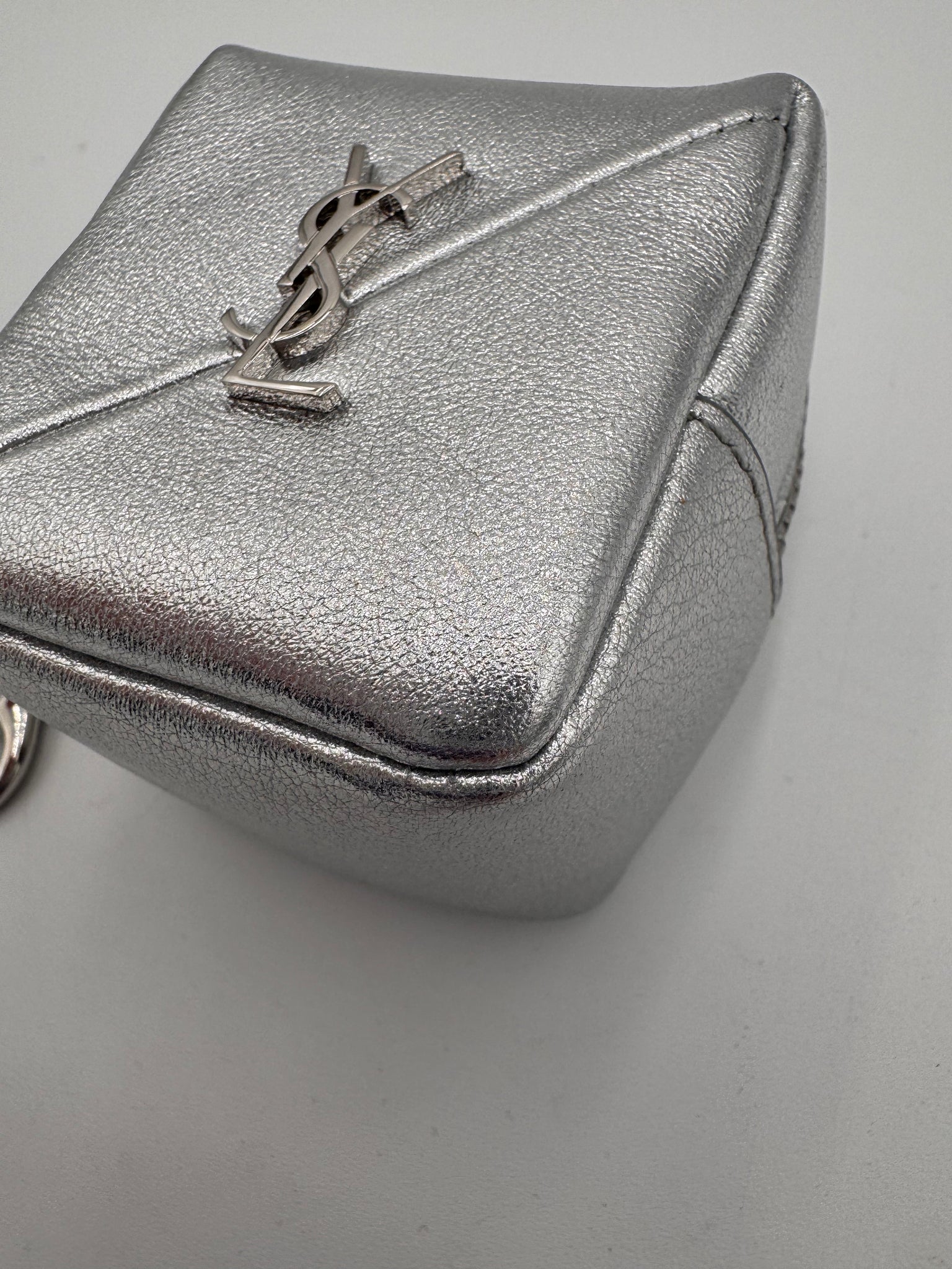 SAINT LAURENT Crinkled Lame Calfksin Jamie Cube Charm Keychain Silver