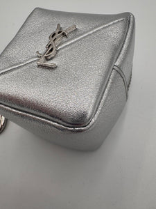 SAINT LAURENT Crinkled Lame Calfksin Jamie Cube Charm Keychain Silver