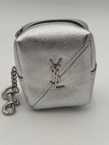 SAINT LAURENT Crinkled Lame Calfksin Jamie Cube Charm Keychain Silver