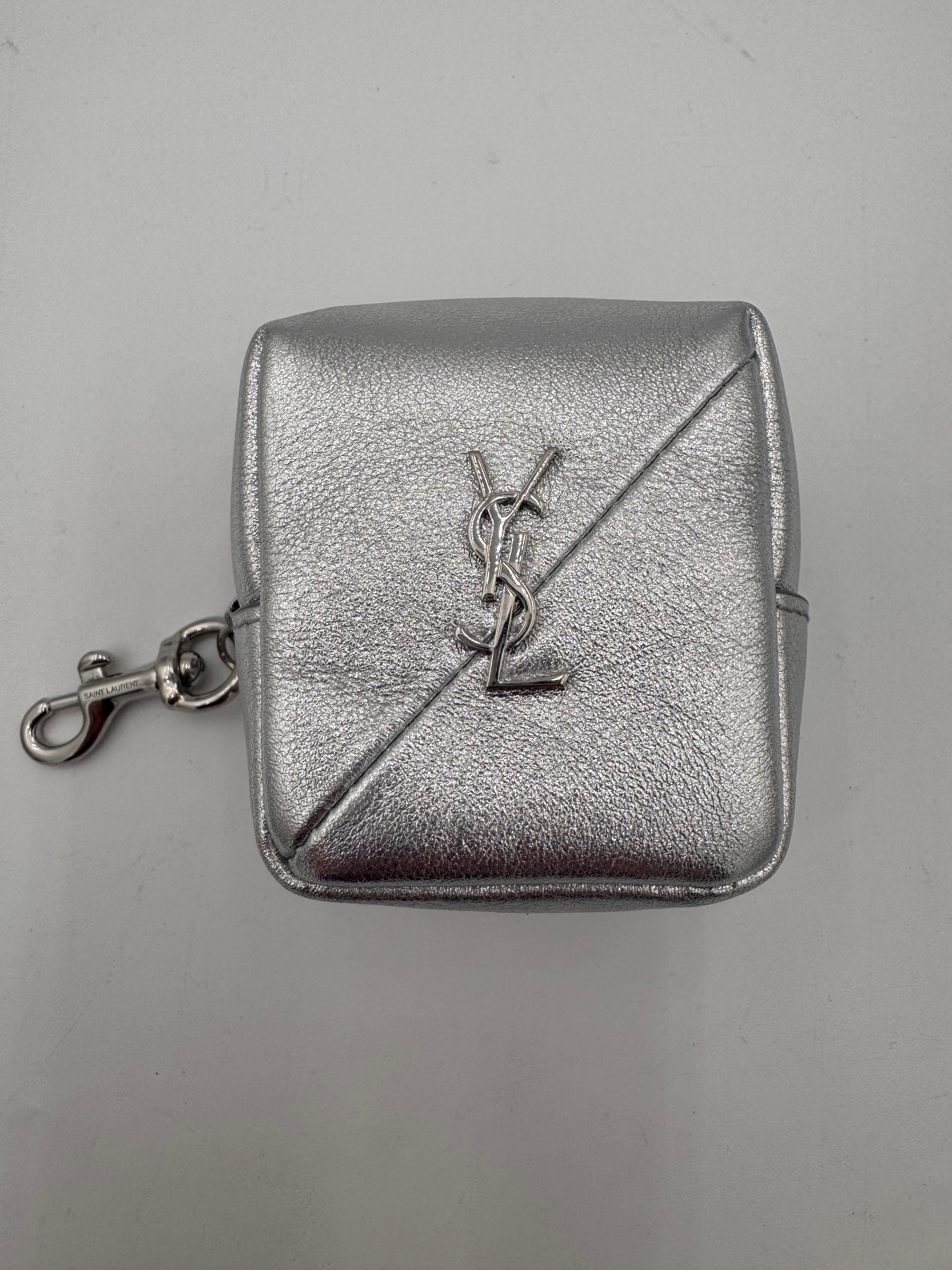 SAINT LAURENT Crinkled Lame Calfksin Jamie Cube Charm Keychain Silver