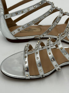 VALENTINO GARAVANI Metallic Nappa Lovestud Caged Flat Sandals Silver Size 38 (US 8)