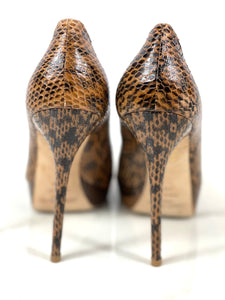 JIMMY CHOO Glossy 'ELAPHE' Snakeskin Crown Peep Toe Pumps Cognac Size 40.5