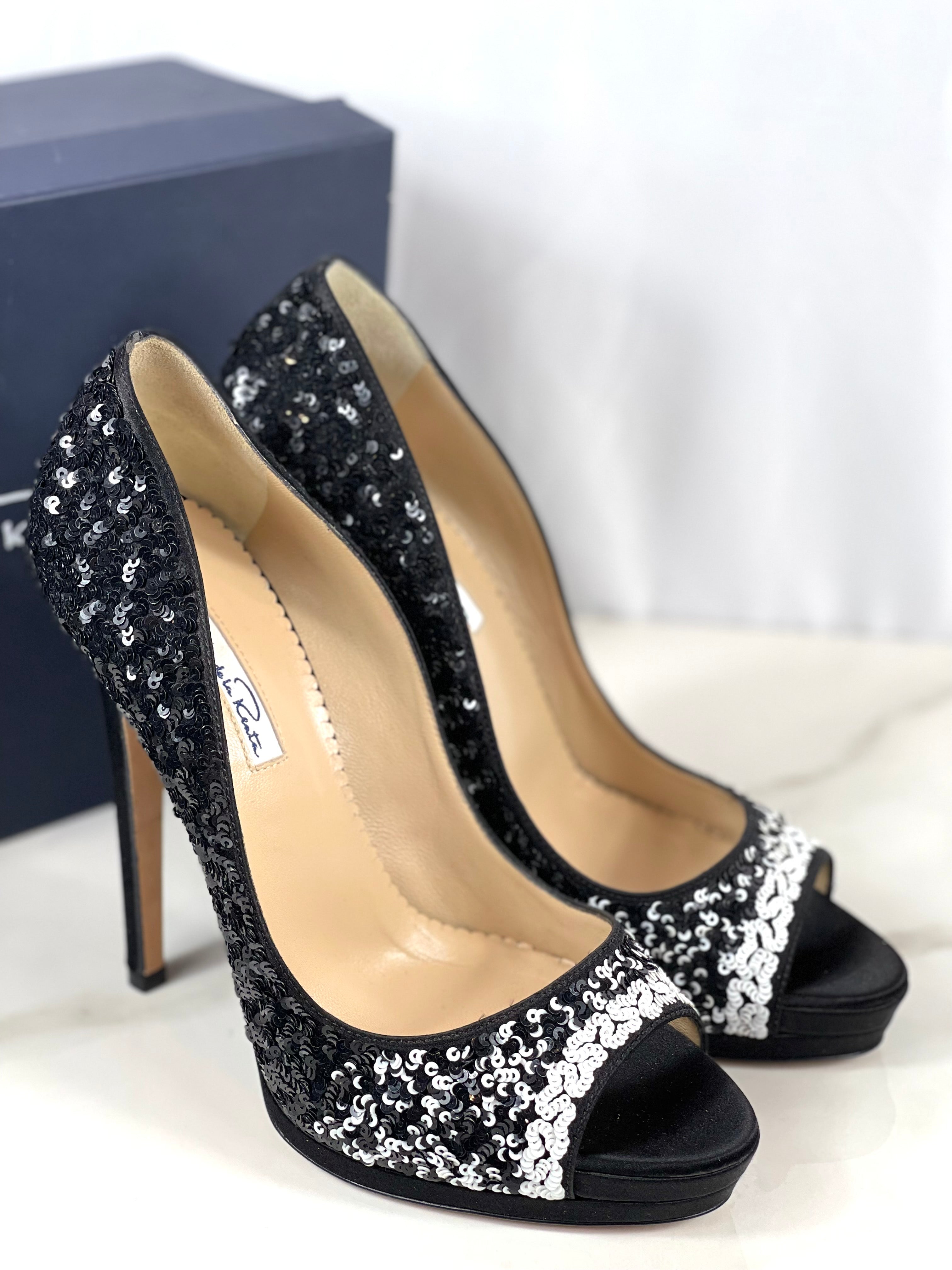 OSCAR DE LA RENTA Black | White Sequin Embellished Satin Pumps Size 40