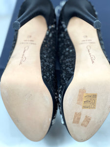 OSCAR DE LA RENTA Black | White Sequin Embellished Satin Pumps Size 40