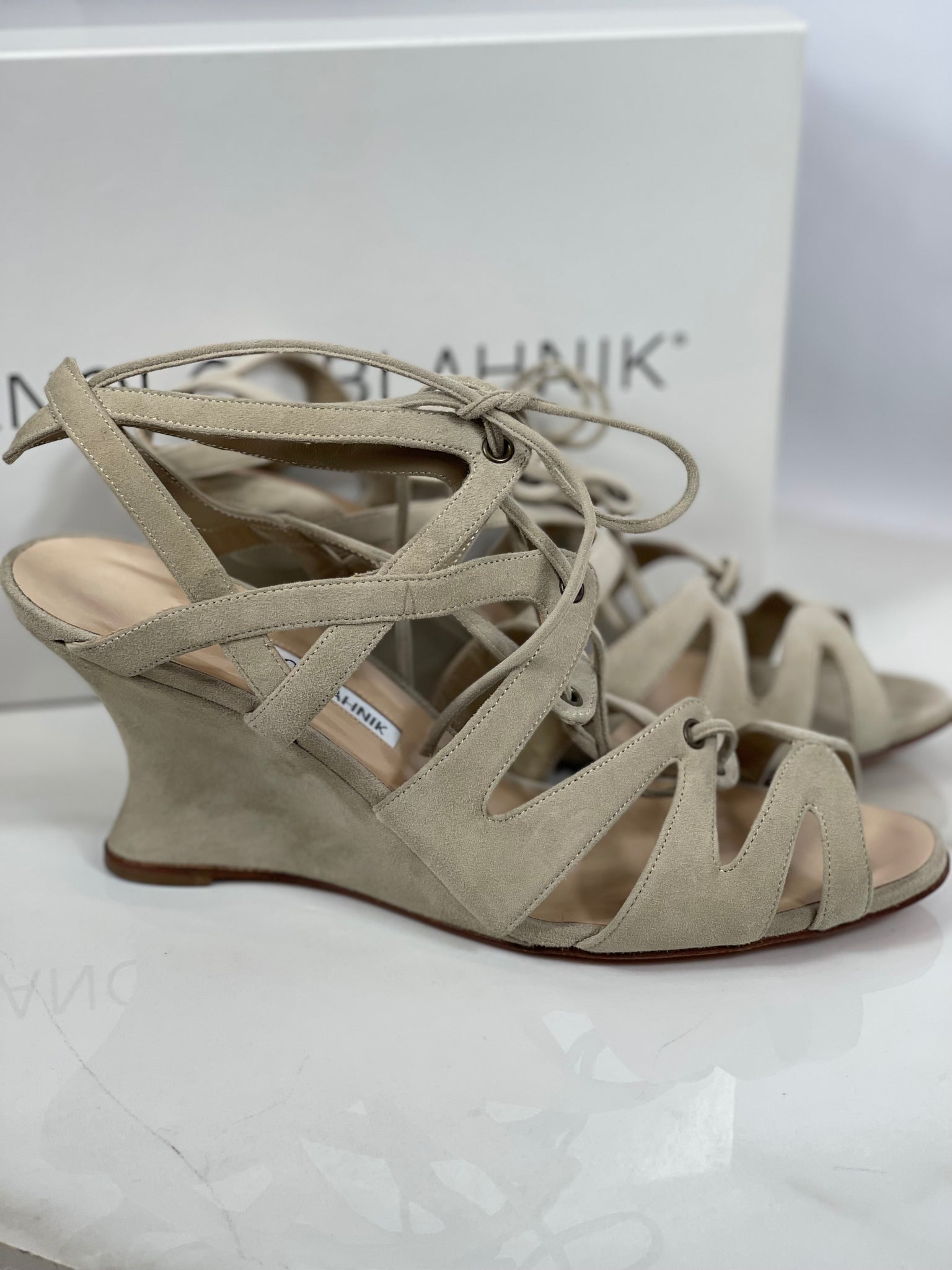 Manolo Blahnik Netochka Lattice Cage Wedge Sandal Size in Beige 38