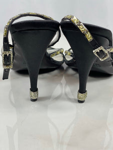 GUCCI Black Satin Glitter Strappy Heels Size 7.5