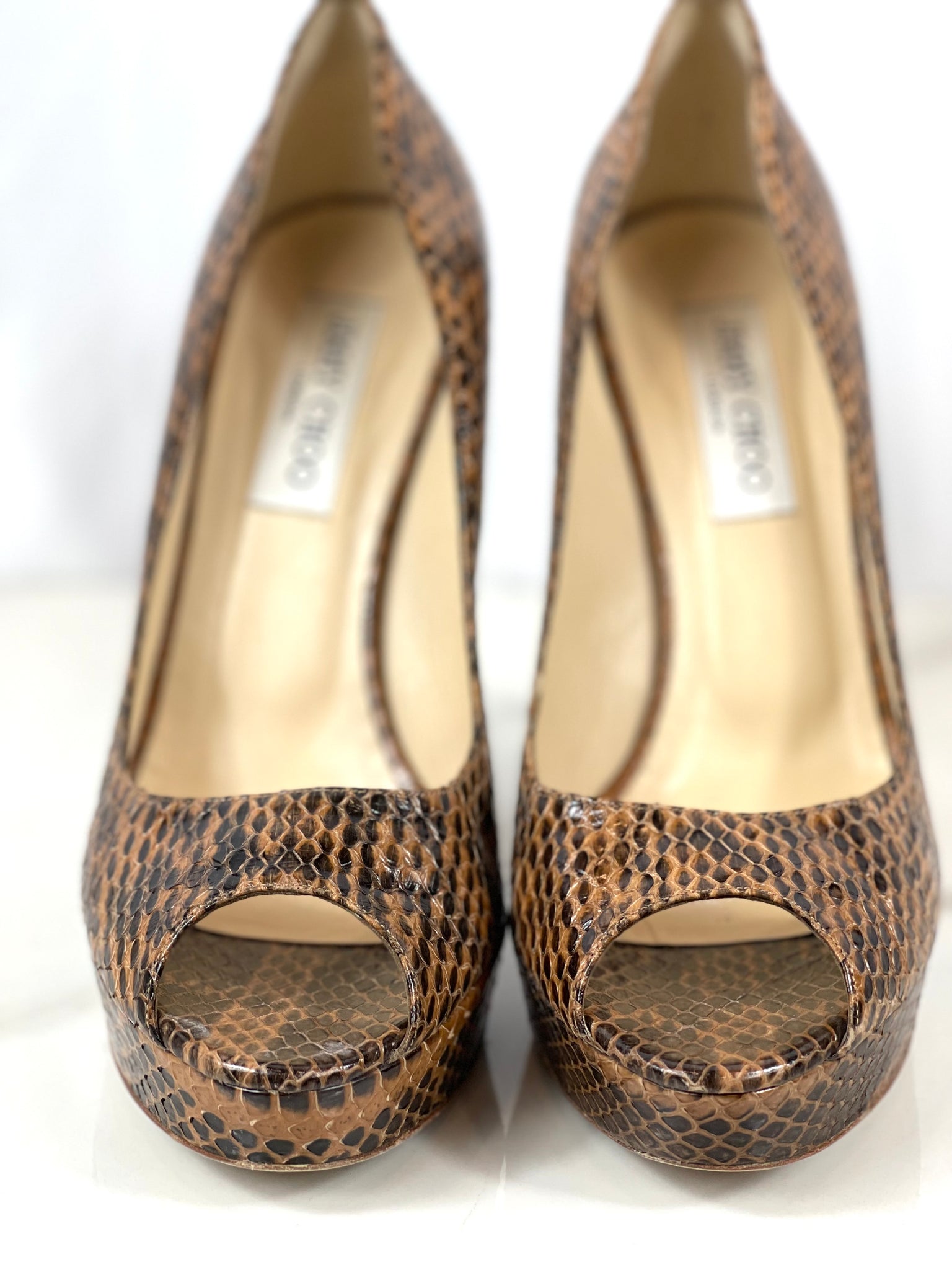 JIMMY CHOO Glossy 'ELAPHE' Snakeskin Crown Peep Toe Pumps Cognac Size 40.5