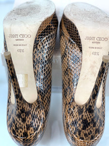 JIMMY CHOO Glossy 'ELAPHE' Snakeskin Crown Peep Toe Pumps Cognac Size 40.5