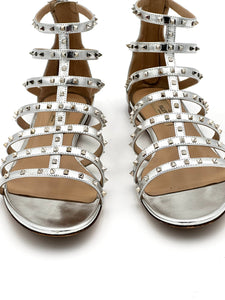 VALENTINO GARAVANI Metallic Nappa Lovestud Caged Flat Sandals Silver Size 38 (US 8)