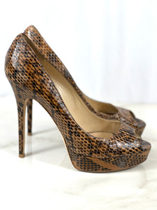 JIMMY CHOO Glossy 'ELAPHE' Snakeskin Crown Peep Toe Pumps Cognac Size 40.5